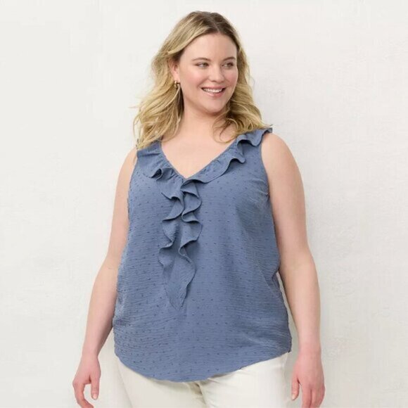 Denim Blue Lauren Conrad Cascading Ruffle 2x Women's Sleeveless Blouse - Picture 1 of 12